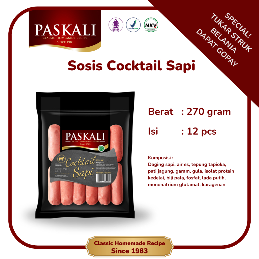 

Cocktail Sapi Paskali 270 Gram Isi 12 Pcs (Sosis Mini)