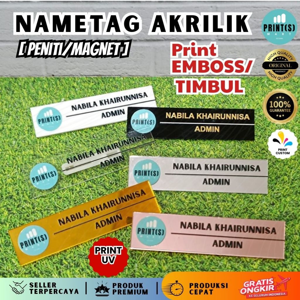 

Papan Nama Dada Pin Nama Dada Nametag Akrilik Emboss / Timbul Print UV Kait Peniti / Magnet