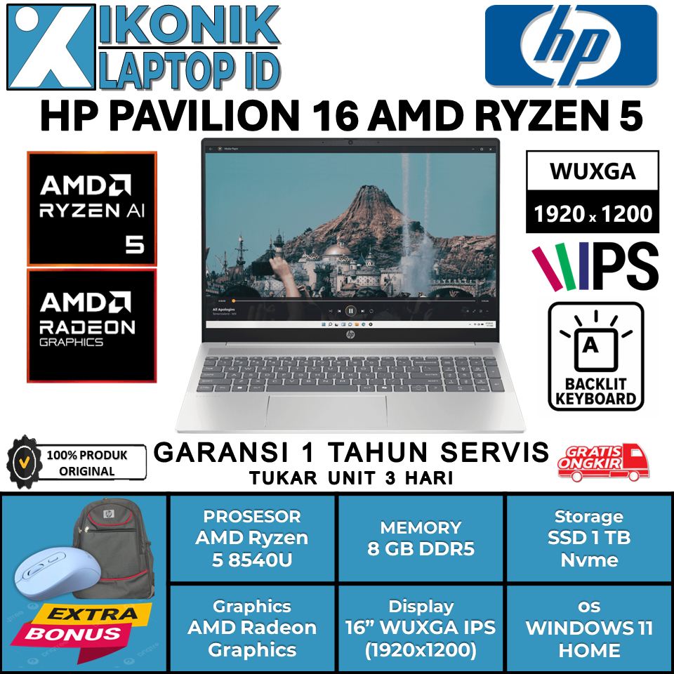 Laptop Gaming HP Pavilion 16 AMD Ryzen 5 8540U Ram 8 GB DDR5 Ssd 1 TB Nmve Layar 16 WUXGA IPS Baru