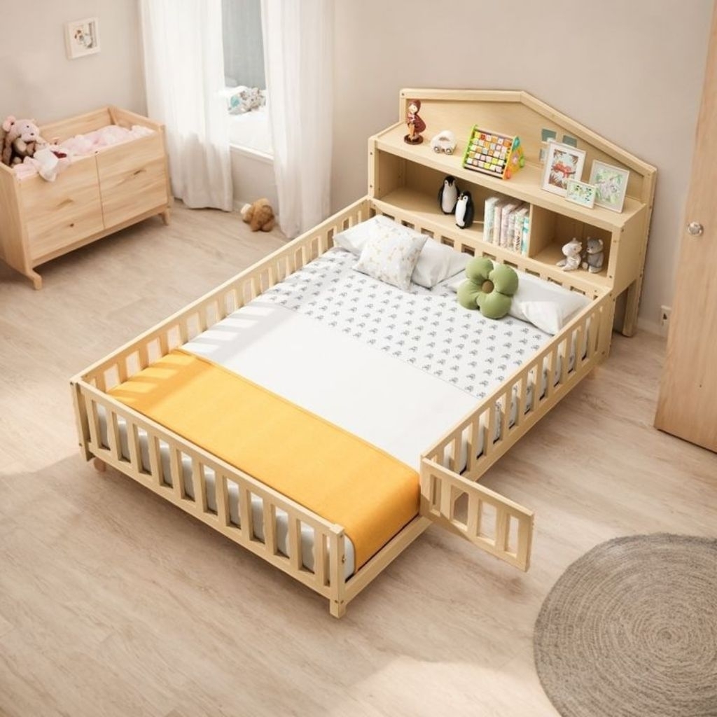 Tempat Tidur Anak Kayu Multifungsi + Pagar Pengaman & Rak Buku