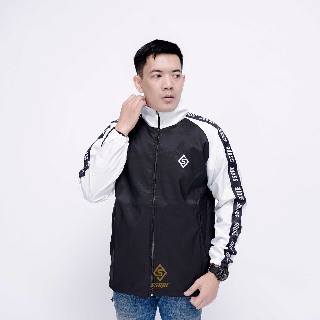 Tracksuit Jacket - Jaket Tracktop SSONE  Pria Wanita Parasut Hitam Putih Prinnting