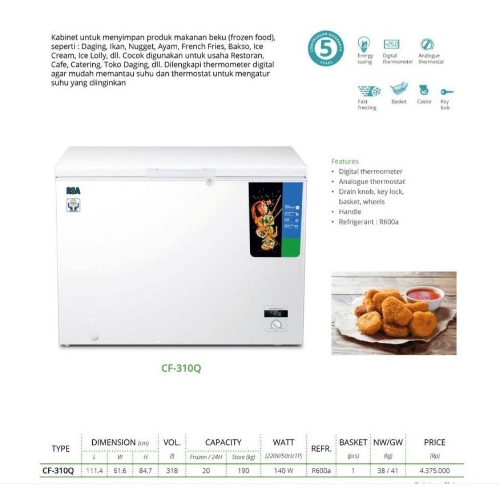 Chest Freezer Box 310 Liter RSA CF-310/ CF  Freezer 310 Liter
