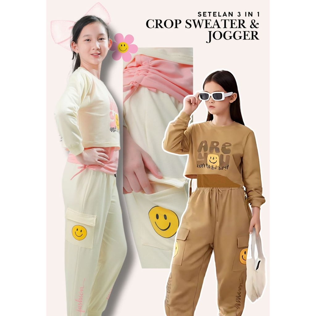 Setelan 3 in 1 Anak Cewek | Sweater Crop Trendy, Daleman & Jogger Casual | Usia 6-14 Tahun