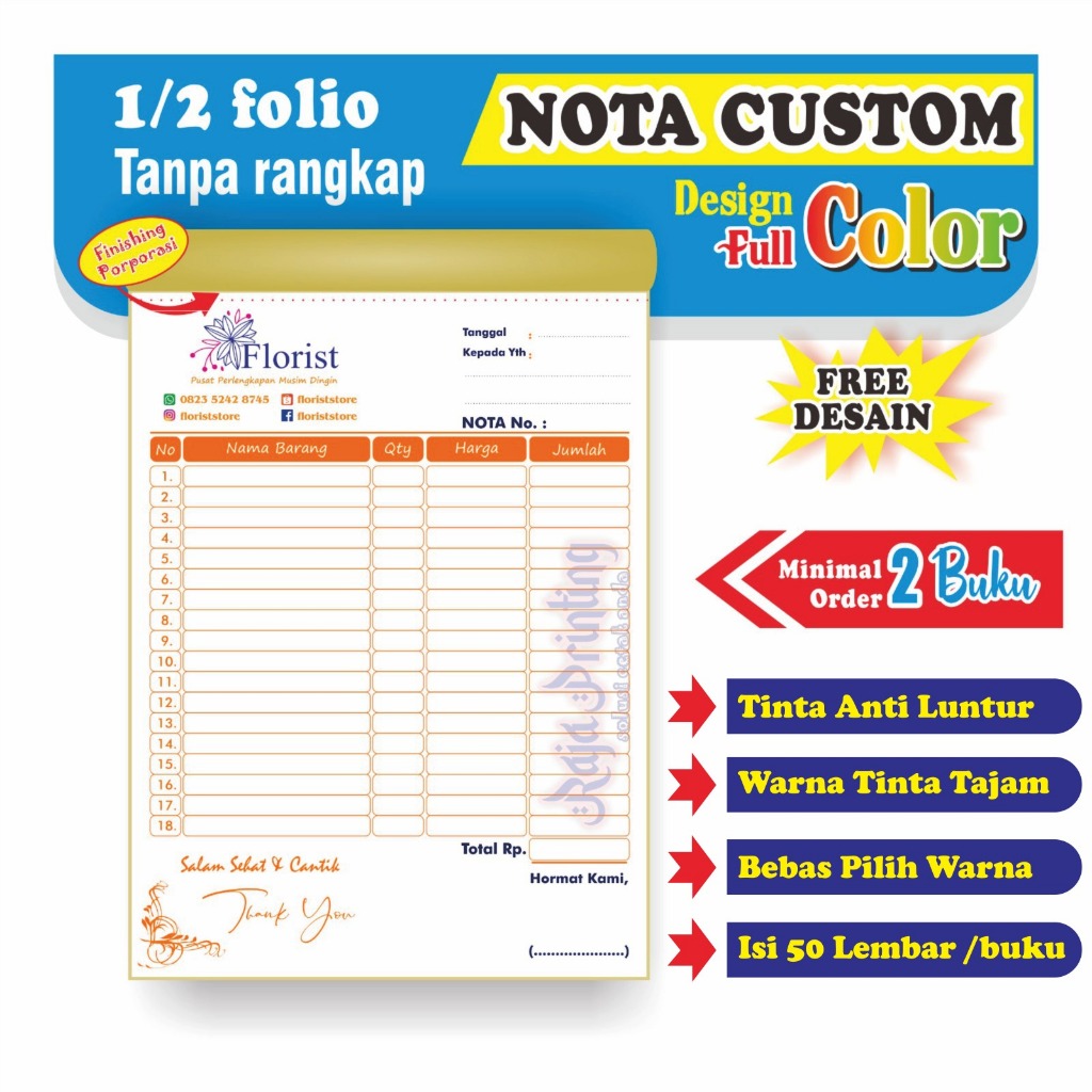 

Nota Custom Full color 1/2 folio tanpa rangkap gratis desain bisa satuan