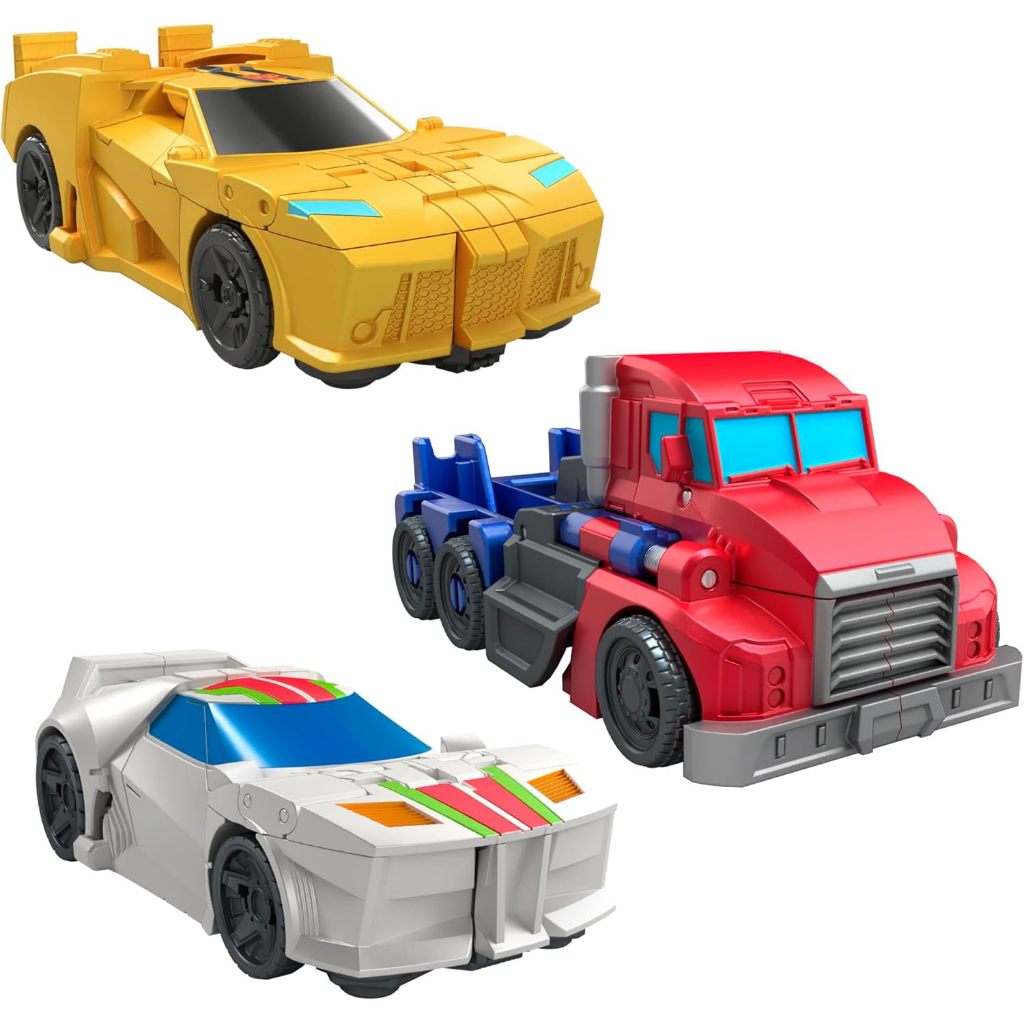 TERUJI TRANSFORMERS 1-STEP FLIP HEROES 3-PACK, 4-INCH WHEELJACK, BUMBLEBEE, AND OPTIMUS PRIME ACTION