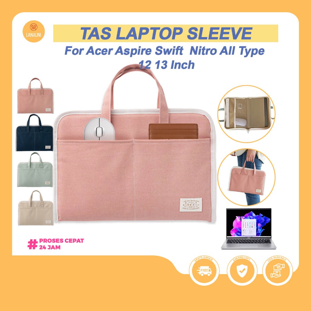 Tas Laptop Jinjing Multi Kantong Material Kanvas Notebook Acer Aspire Swift Go Slim 13" 14" Warna Pa