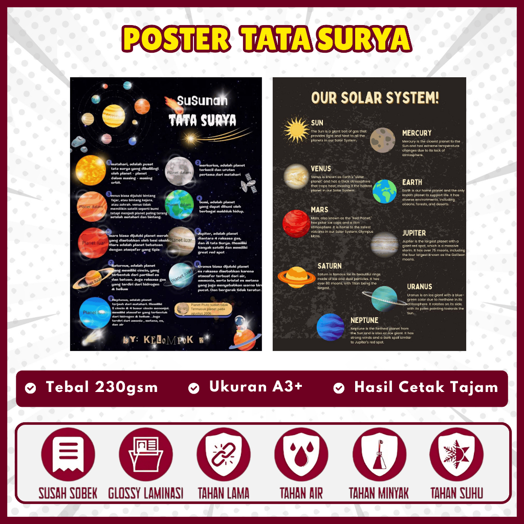 Poster Tata Surya Planet / Poster Pendidikan Solar System Anak Sekolah A3+