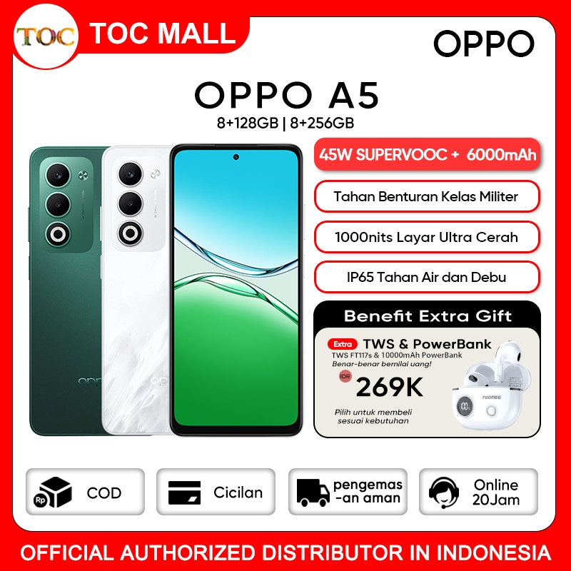 HP OPPO A5 terbaru 2025, 45W SUPERVOOC, Tahan Benturan Kelas Militer,6000mAh Battery