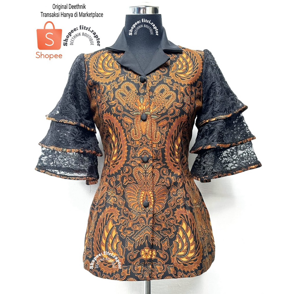 blus batik wanita lengan pendek warna sogan mix brokat lengan pendek susun 3