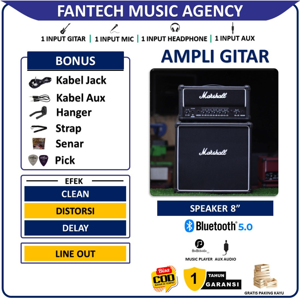 Ampli gitar & bass 8 inch head cabinet 3 input plus bluetooth bisa untuk karaoke efek distorsi,rever