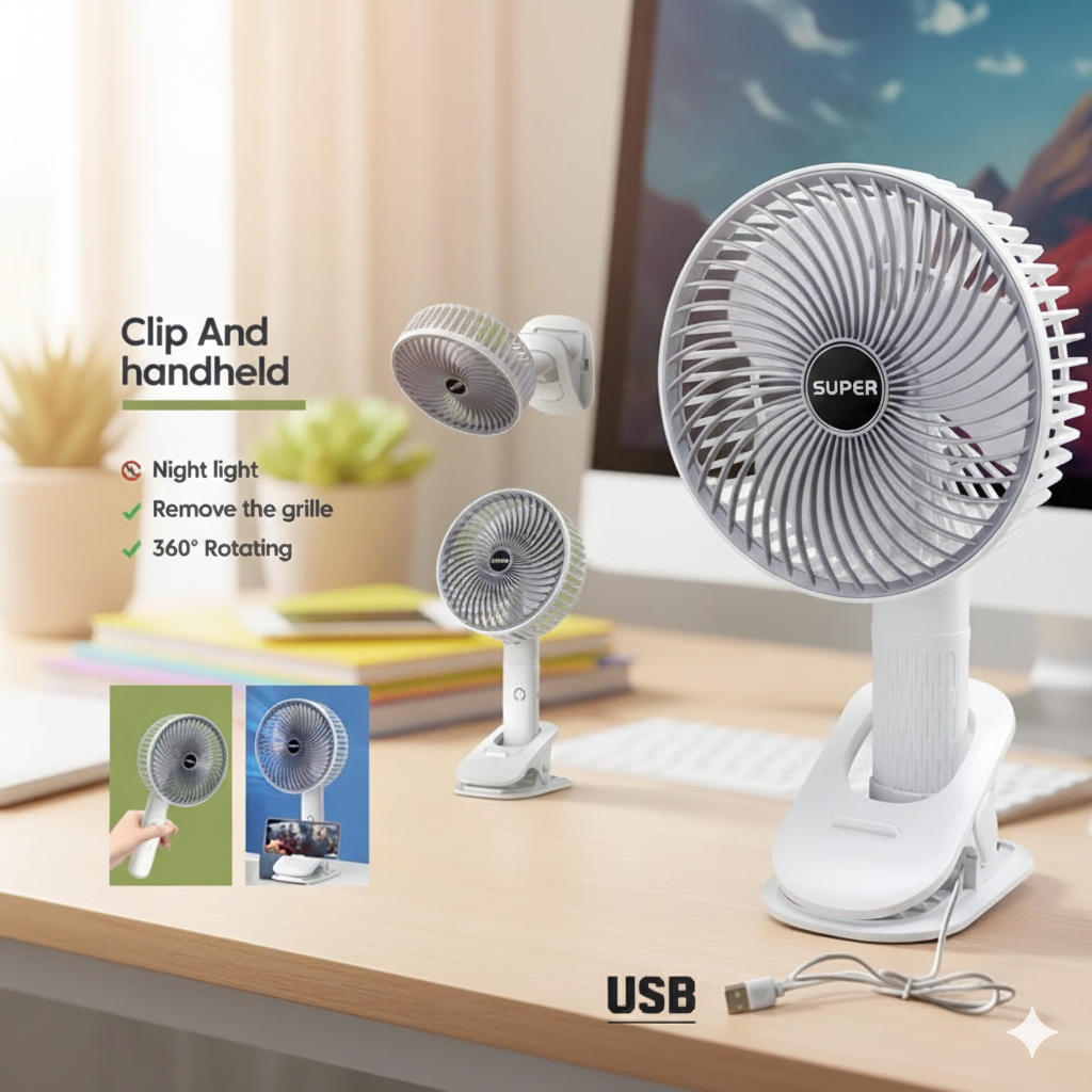 Kipas Angin Multifungsi Jepit | Kipas USB Kabel Fungsi Meja Duduk+Dinding Tembok+Jepit