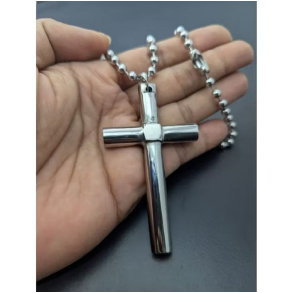 KALUNG BESI PUTIH DENGAN MAINAN SALIB BESAR MONEL BESI PUTIH 100% ORI/ TIDAK LUNTUR