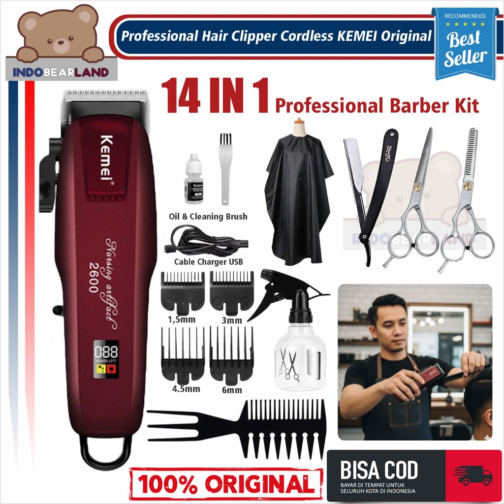 Alat Mesin Cukur Rambut Baterai Cas Tanpa Kabel Professional Hair Clipper Cordless KEMEI Original
