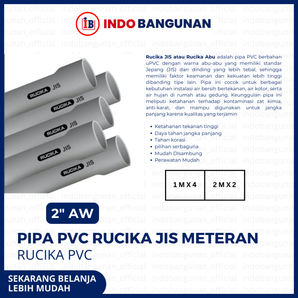 PIPA PVC RUCIKA JIS /POTONAG/ 2" AW INCH UNTUK APLIKASI AIR BERSIH