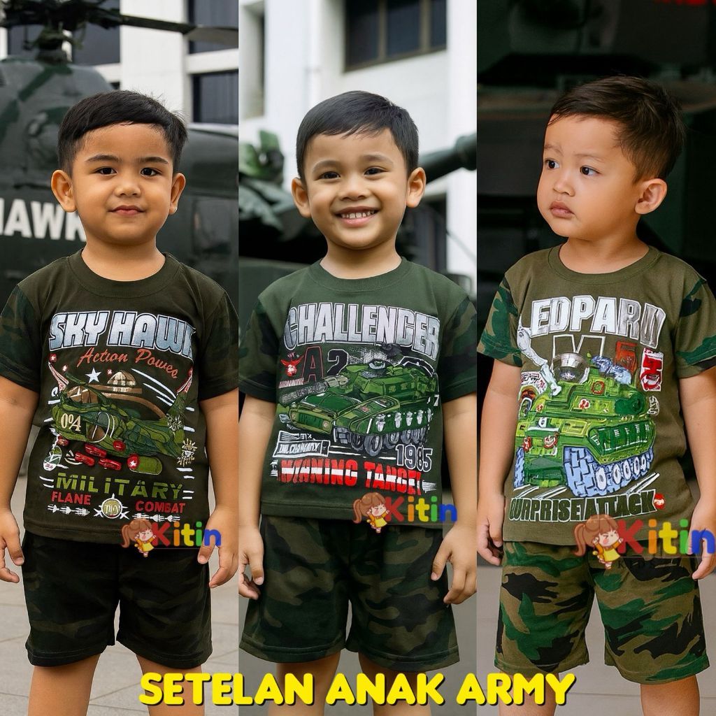 TL - SETELAN BAJU MAIN DAN HARIAN ANAK  COWOK / LAKI JUMBO TANGGUNG 2-9 TAHUN KAOS MOTIF ARMY LORENG