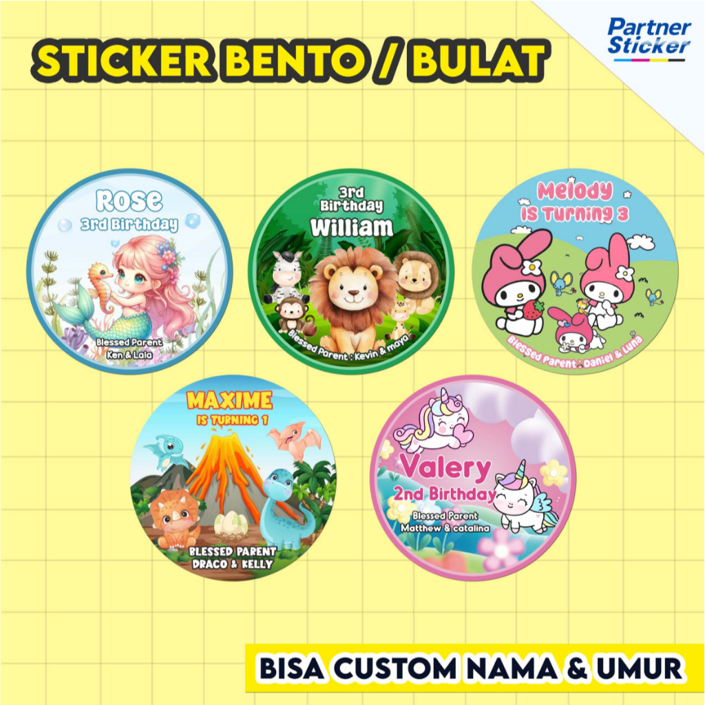 

Sticker Ulang Tahun Bento – Desain Karakter Lucu | Bulat & Custom Nama