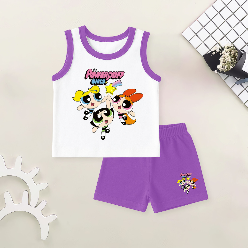 Setelan Kaos Baju Kaos Anak Singlet lengkap baju dan celana Gambar powerpuff girls unisex Lucu Umur 
