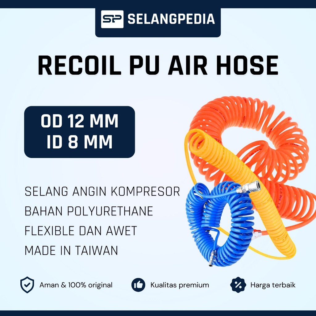 Selang Recoil Hose PolyUrethane PU Taiwan Kompresor Angin OD 12 mm x ID 8 mm Termasuk Include Nozzle
