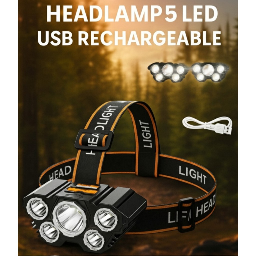 Senter Kepala 40 Watt L-T21 5 Led Rechargerable 4 Mode Cahaya Lampu Senter 50Watt