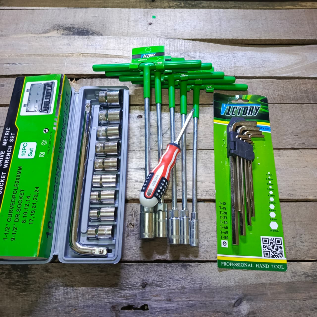 COMBO HEMAT Victory Kunci Sok Set 10 Pcs 8-24mm Lengkap + Kunci T Set 5 Pcs 8-10-12-14-17mm Chrome +
