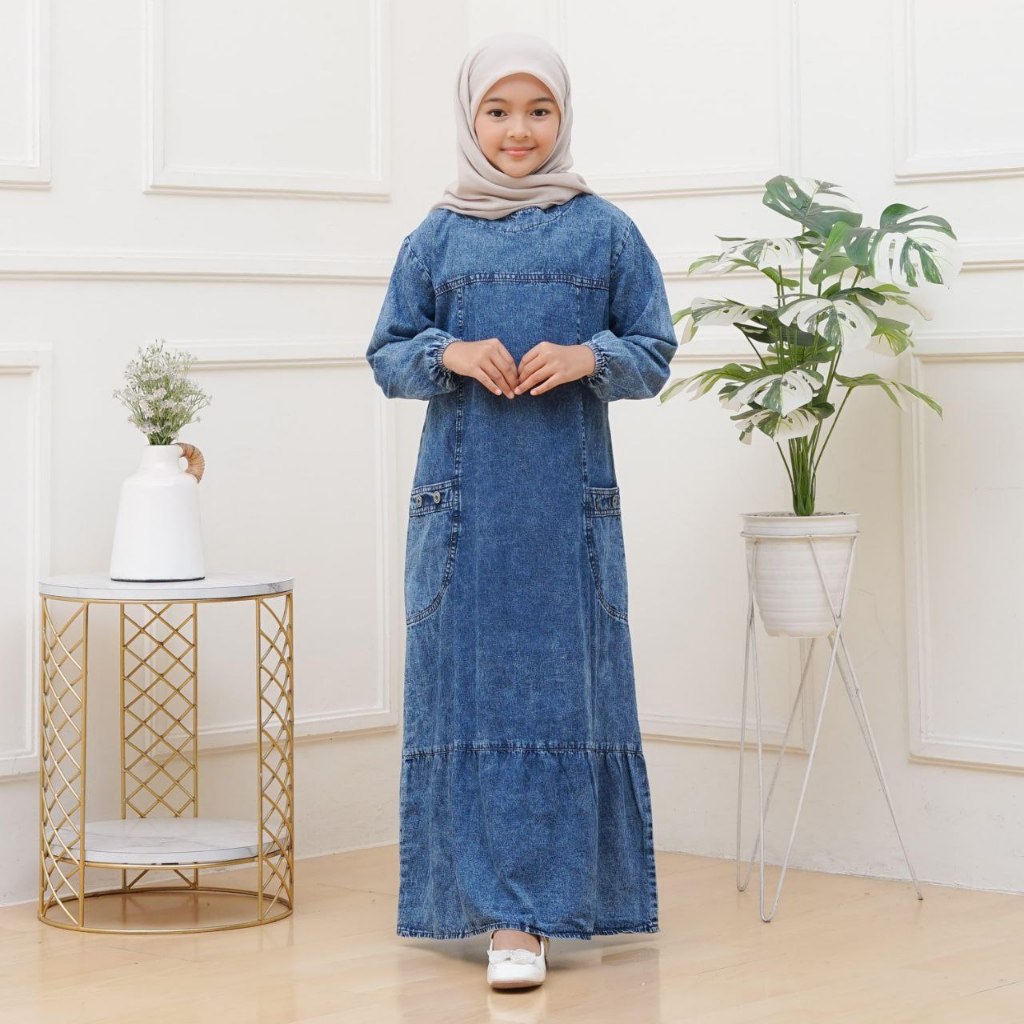 Gamis Susun Jeans Wanita remaja Non Busui Rempel Bawah