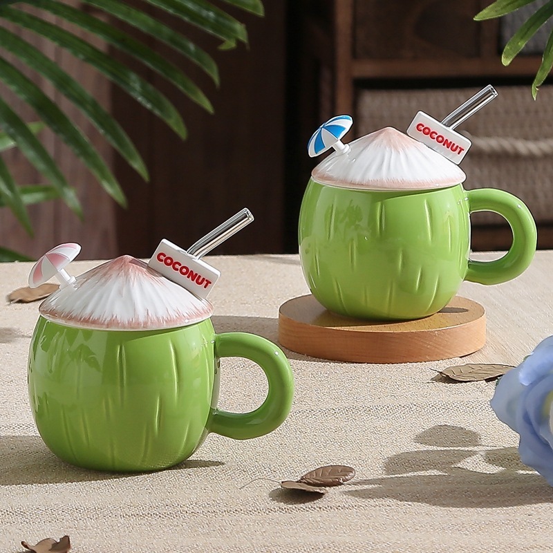 Mug Keramik Motif Kelapa Muda 3D Cangkir Gelas Premium Dengan Tutup dan Sedotan