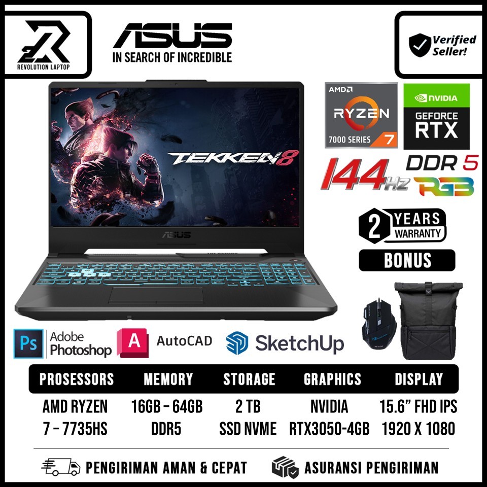 ASUS TUF GAMING A15 FA506NFR RYZEN 7 7435HS 64GB RAM 1TB SSD RTX2050 15 Inch 144Hz W11+OHS