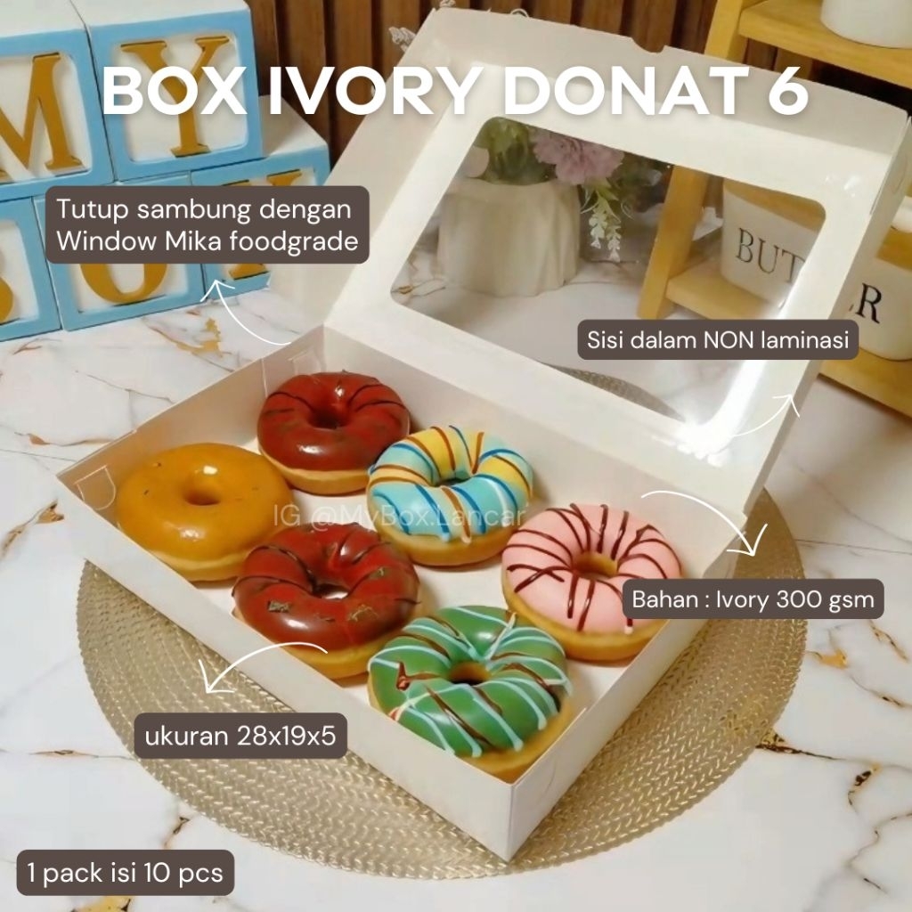 

(10 LEMBAR) BOX DONAT IVORY PUTIH WINDOW MIKA , DUS DONAT, KOTAK DONAT, KEMASAN DONAT ISI 6 TUTUP MIKA