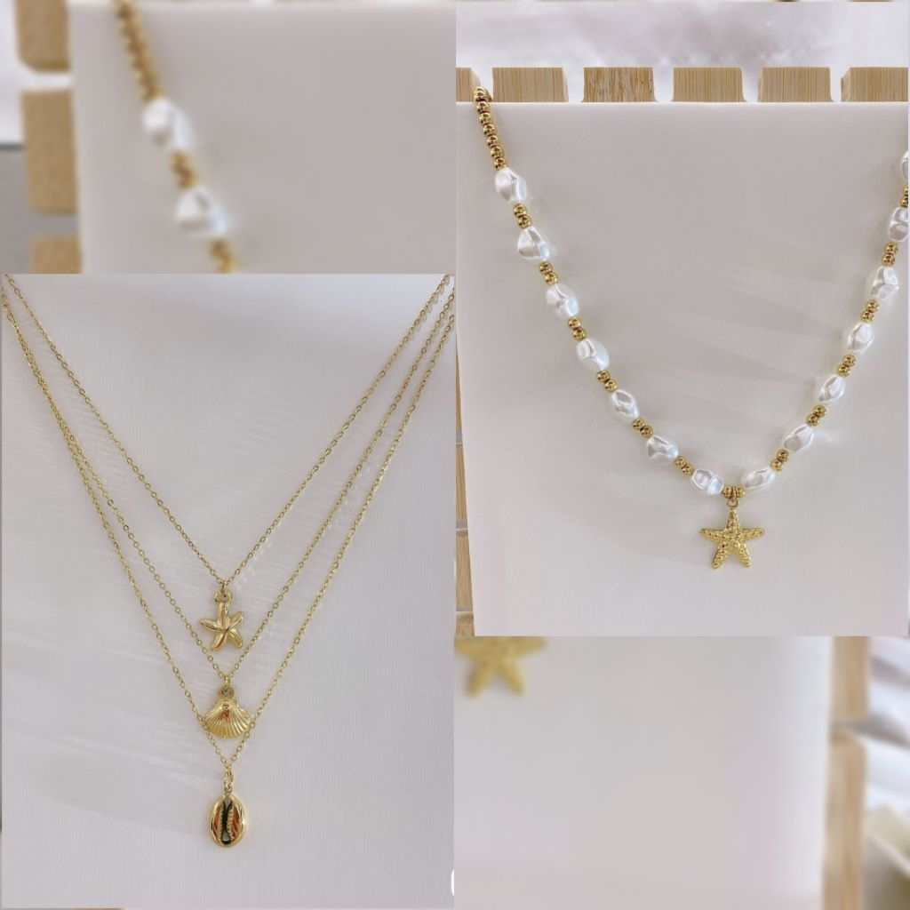 Kalung rantai 3 layer bintang laut mutiara Kalung etnik kerang rantai gold titanium premium quality