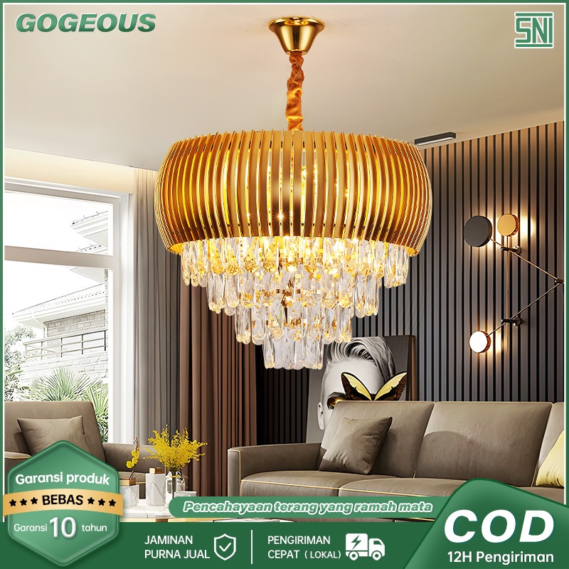 GOGEOUS Lampu Gantung Kristal Tamu Mewah Emas LED 50CM Ruang Tamu 3 Warna Lampu Gantung Kristal Hias