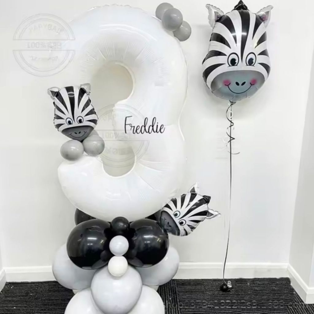 Balon angka putih jumbo tema zebra set balon angka ulang tahun warna putih tema hewan animal zebra b