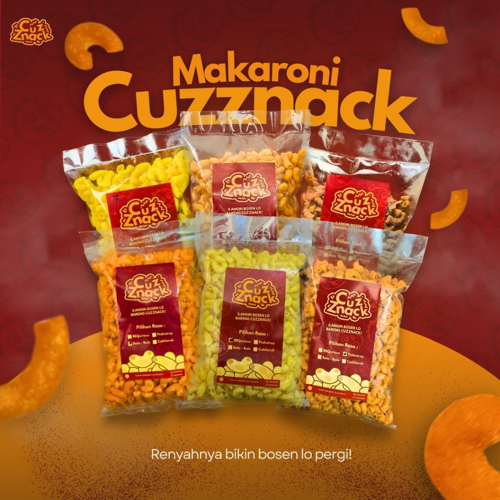 

Cuzznack | Makaroni Snack 250gr rasa BBQurious, Bala - Bolo, Cabitaruk, Pedestroy, Jagumbara, Chocoblazt
