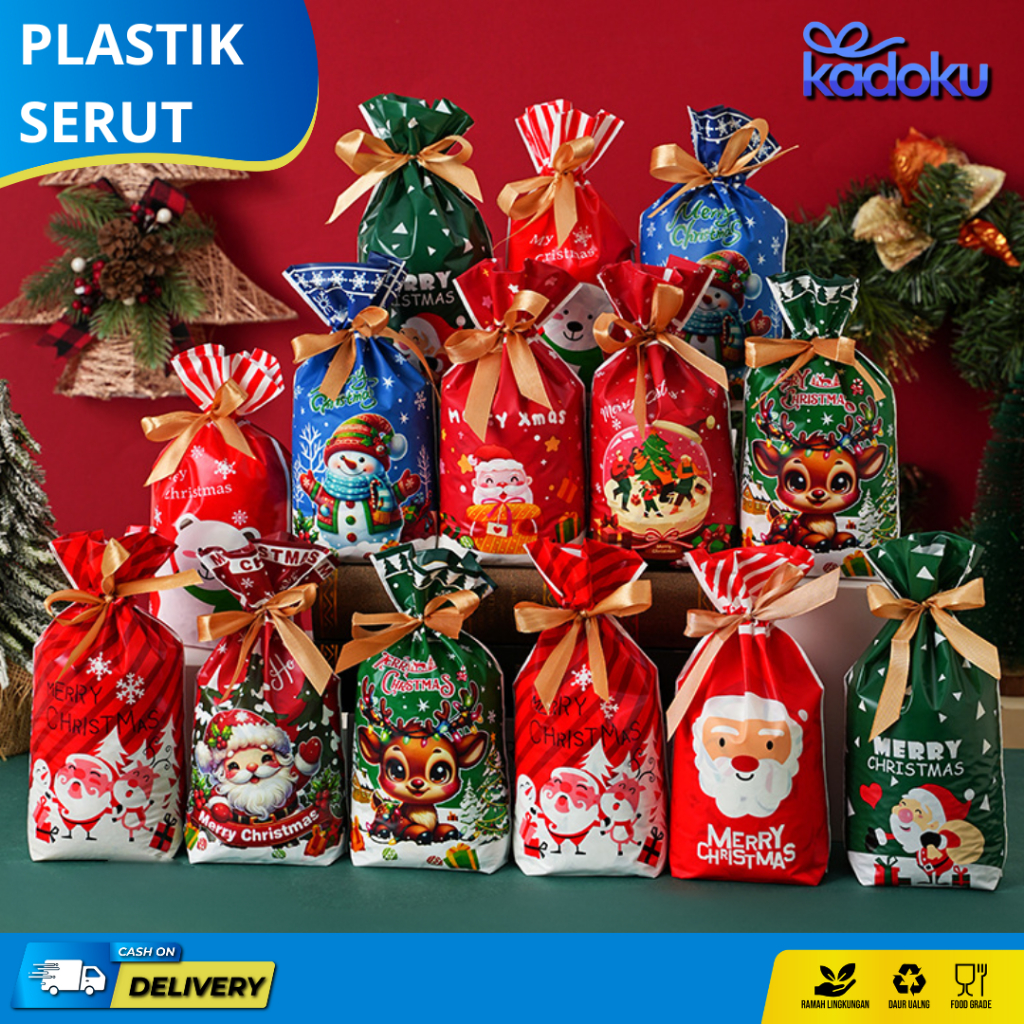 Plastik Serut Natal / Christmas Bag / Goodie Bag Tas Serut Natal Souvenir Kantong Serut Hadiah Natal