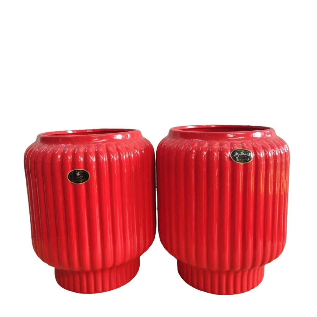 Pot Keramik Pot Bunga Pot Estetik Vas Bunga Red Edition Model Garis