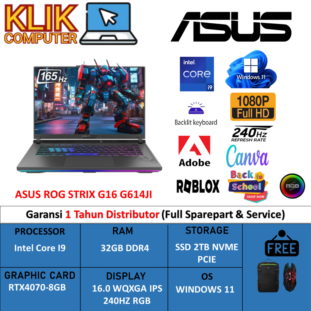 Laptop Gaming Asus ROG STRIX G16 G614JI Intel Core I9 13980HX 64GB 2TB SSD RTX4070-8GB 240HZ