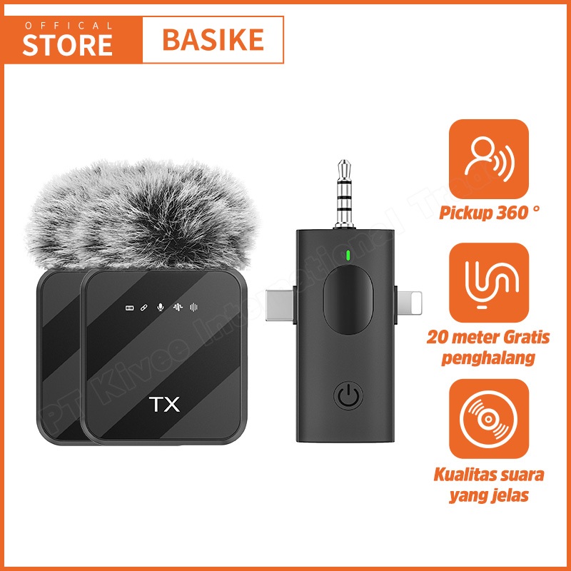 BASIKE Mic Wireless Clip On 3 IN 1 Microphone Wireless Noise Reduction Mikrofon Konten Kreator 3.5MM