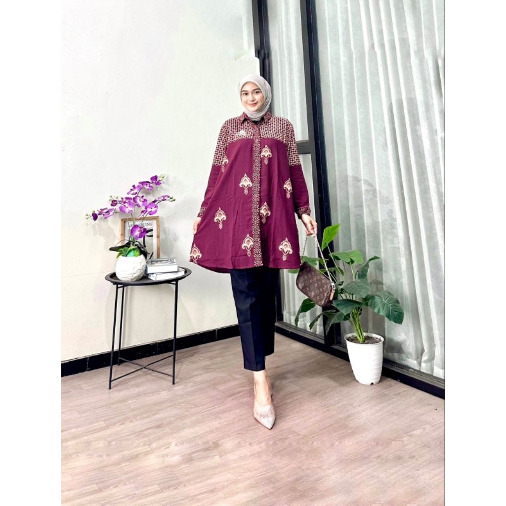 Berkualitas Tunik Wanita Kayana Oversize Motif Kopi Kawung - Tunik Wanita Jumbo Size