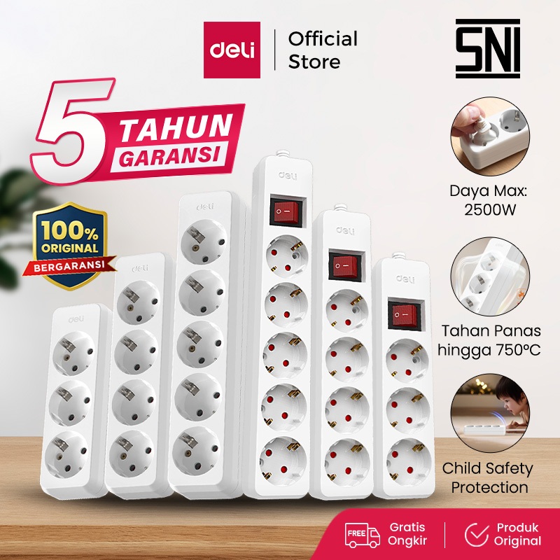 Deli Stop Kontak 3/4/5 Lubang Tanpa Kabel Varian Saklar & Non-Saklar Tahan Panas Child Safe Ber-SNI 