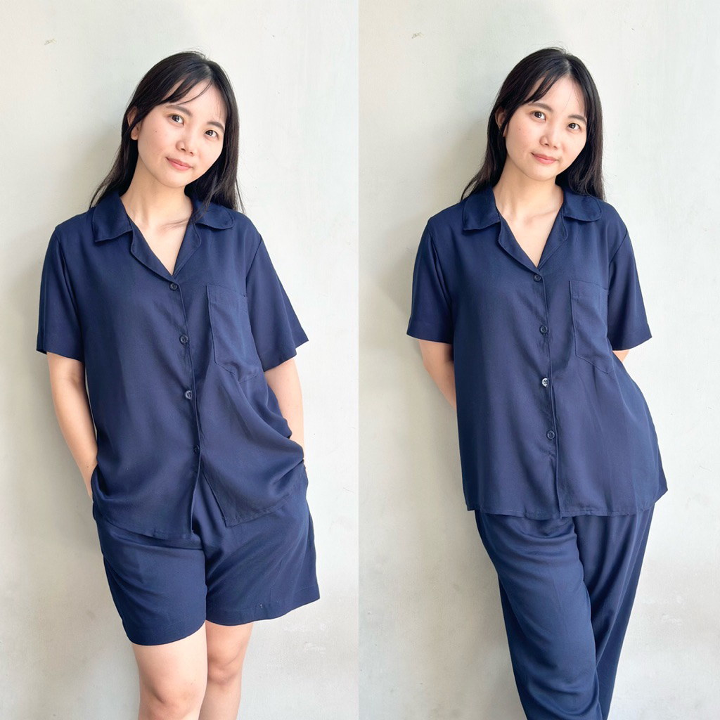 MILLO BASIC NAVY Rayon Viscose Set Pajamas Sleepwear Setelan Piyama Baju Tidur Wanita Pria Anak Coup