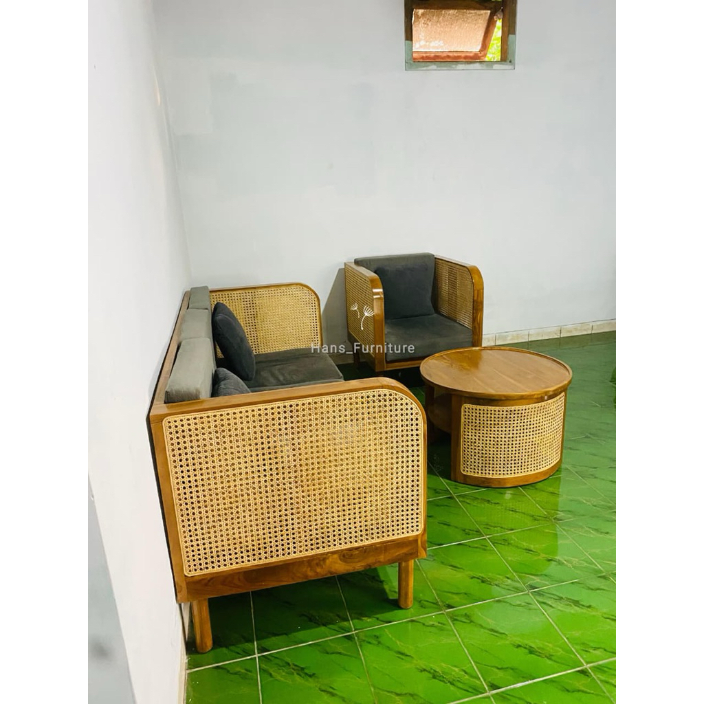 SOFA MINIMALIS KOMBINASI ROTAN, KURSI SOFA KAYU JATI, SOFA BED ROTAN