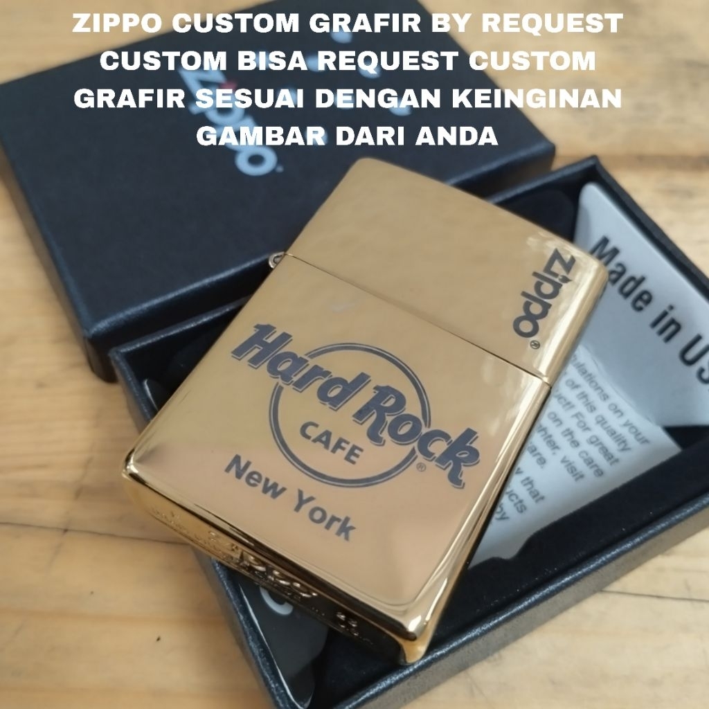 KOREK API ZIPPO GOLD CHROME CUSTOM GRAFIR HARD ROCK CAFE NEW YORK DESIGN BISA BEBAS REQUEST CUSTOM G