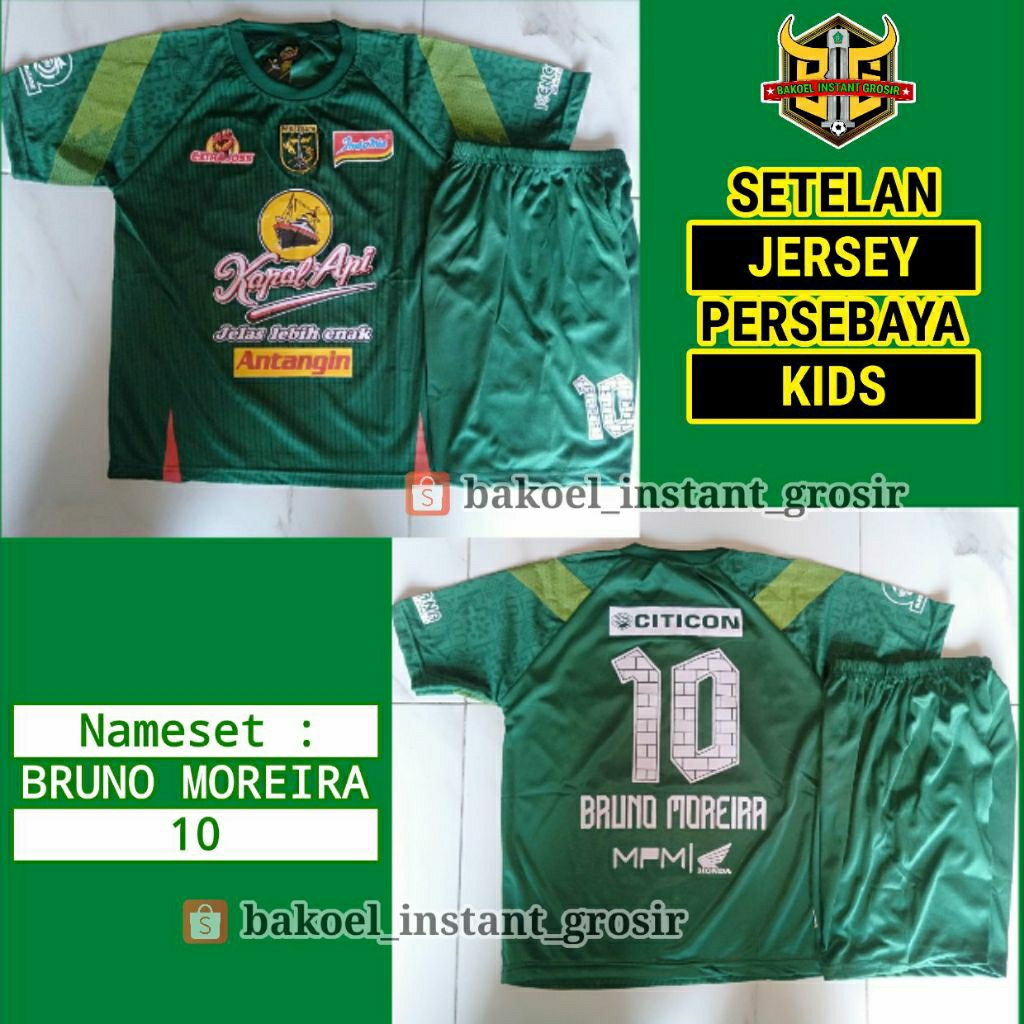 Setelan KIDS Persebaya Home 2025 / 2026 BRI Super League BRUNO MOREIRA 10 Hijau Jersey Celana ANAK T