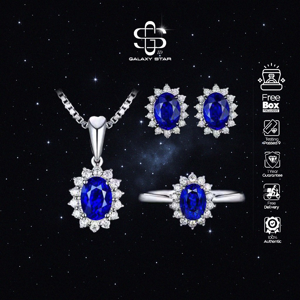 ((Free Box)) OOTD Hijab & Aksesoris Ramadan, Trendi & Kekinian Blue Zircon Jewelry Set – Cincin, Ant