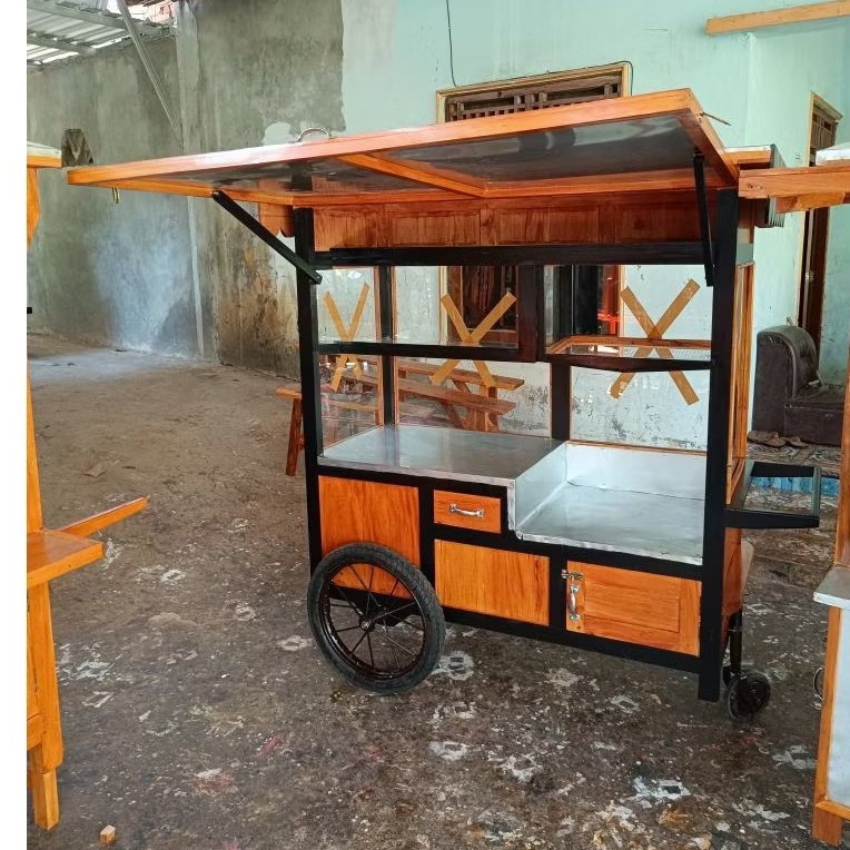 gerobak gorengan full kaca roda tiga kayu mahoni siap jualan free ongkir