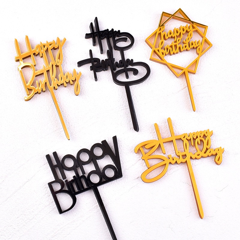 Paket 10 Topper Akrilik Happy Birthday Hitam Gold Silver