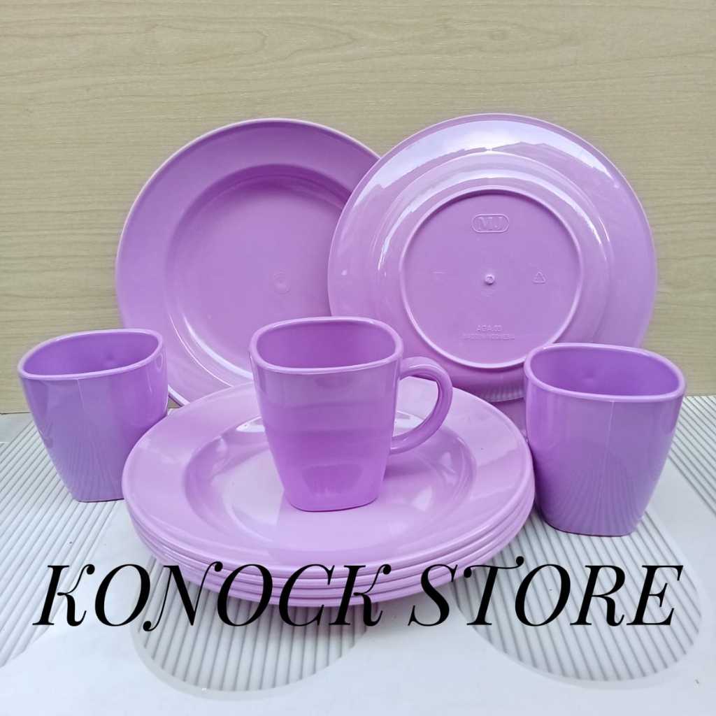 PAKET MIKS 12 PCS PIRING DAN CANGKIR MELAMIN MJ /ISI 6 PCS PIRING DAN 6 PCS CANGKIR UNGU MELAMIN MJ