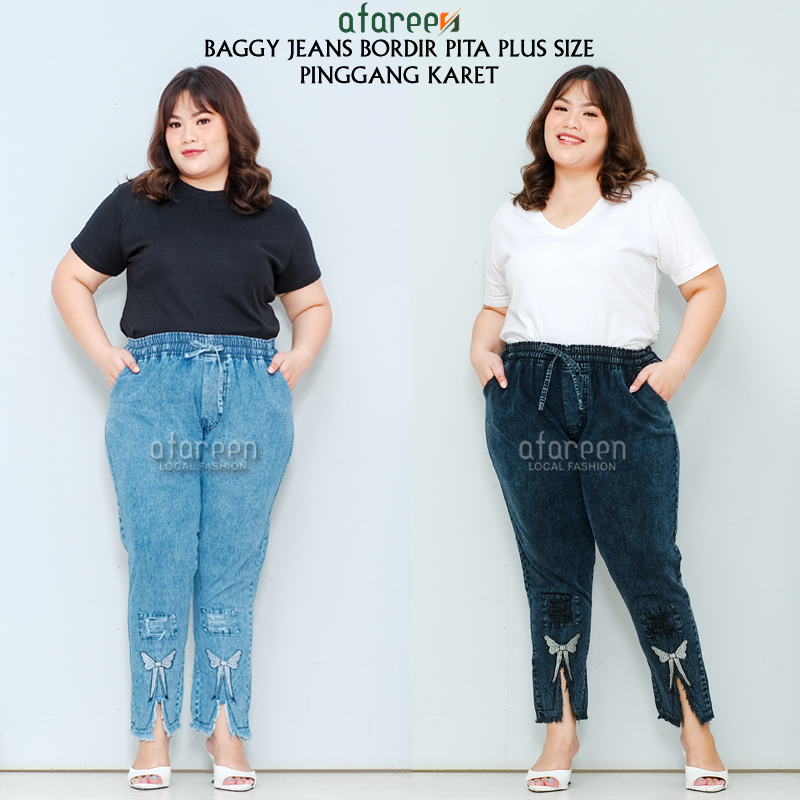 AFAREEN - Kulot Jeans Pinggang Karet Bordir Pita Boyfriend Baggy Jeans Baggy Pants BB 60-95 Kg