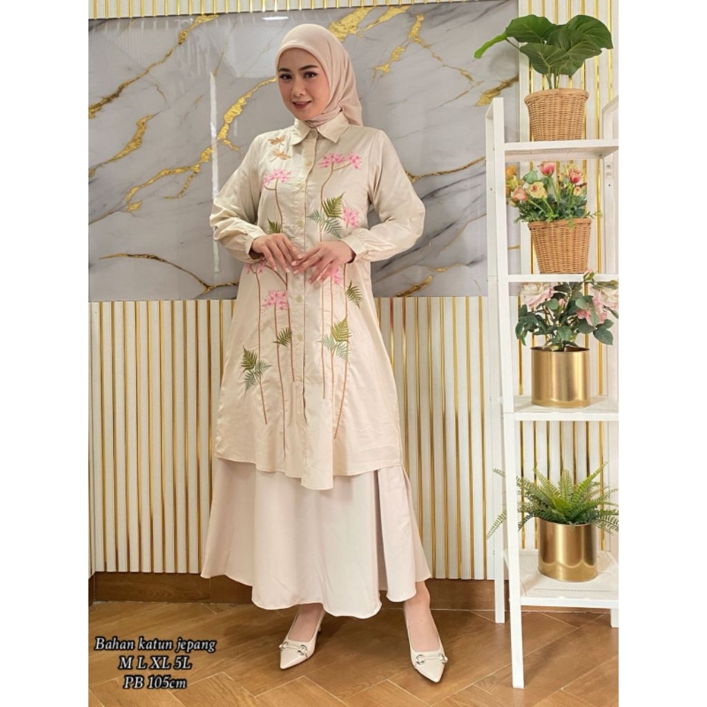 (TERBARU) LONG TUNIK BORDIR BUNGA | TUNIK BAHAN KATUN JEPANG IMPOR | ATASAN WANITA MUSLIMAH | COD