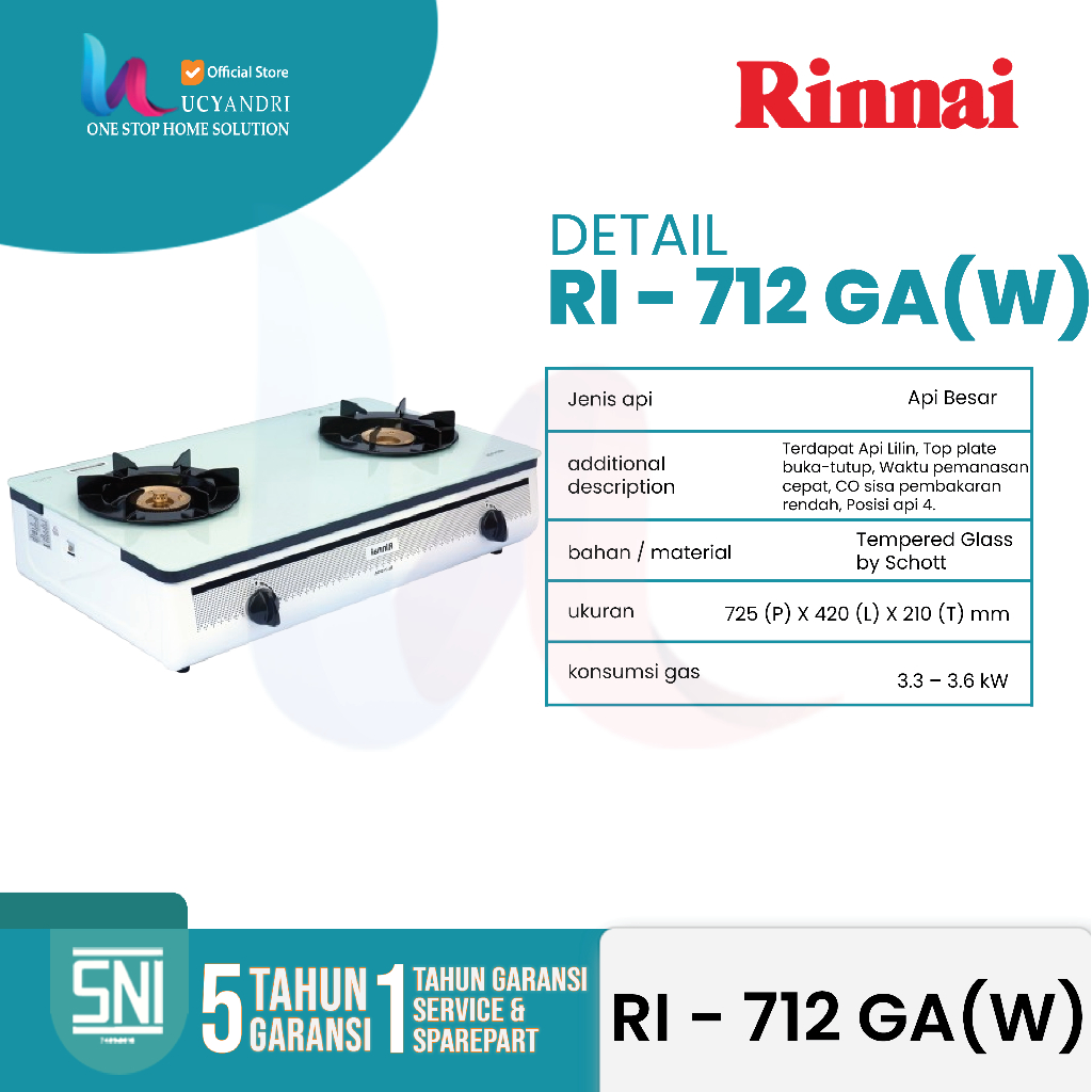 RINNAI RI712GA (W) Kompor Gas 2 Tungku Performa & Daya Tahan Tinggi