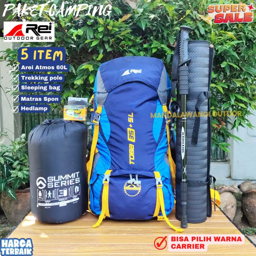 PAKETAN CAMPING AREI TOBA 35+5 LITER FREE RAINCOVER TAS + SLEEPING BAG + MATRAS SPON + HEADLAMP + TR